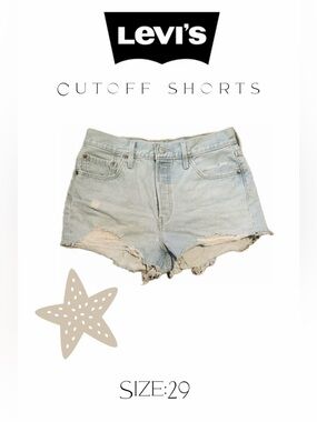 Levi's Light Blue Distressed High-Rise Denim Shorts, button fly. No stretch.
